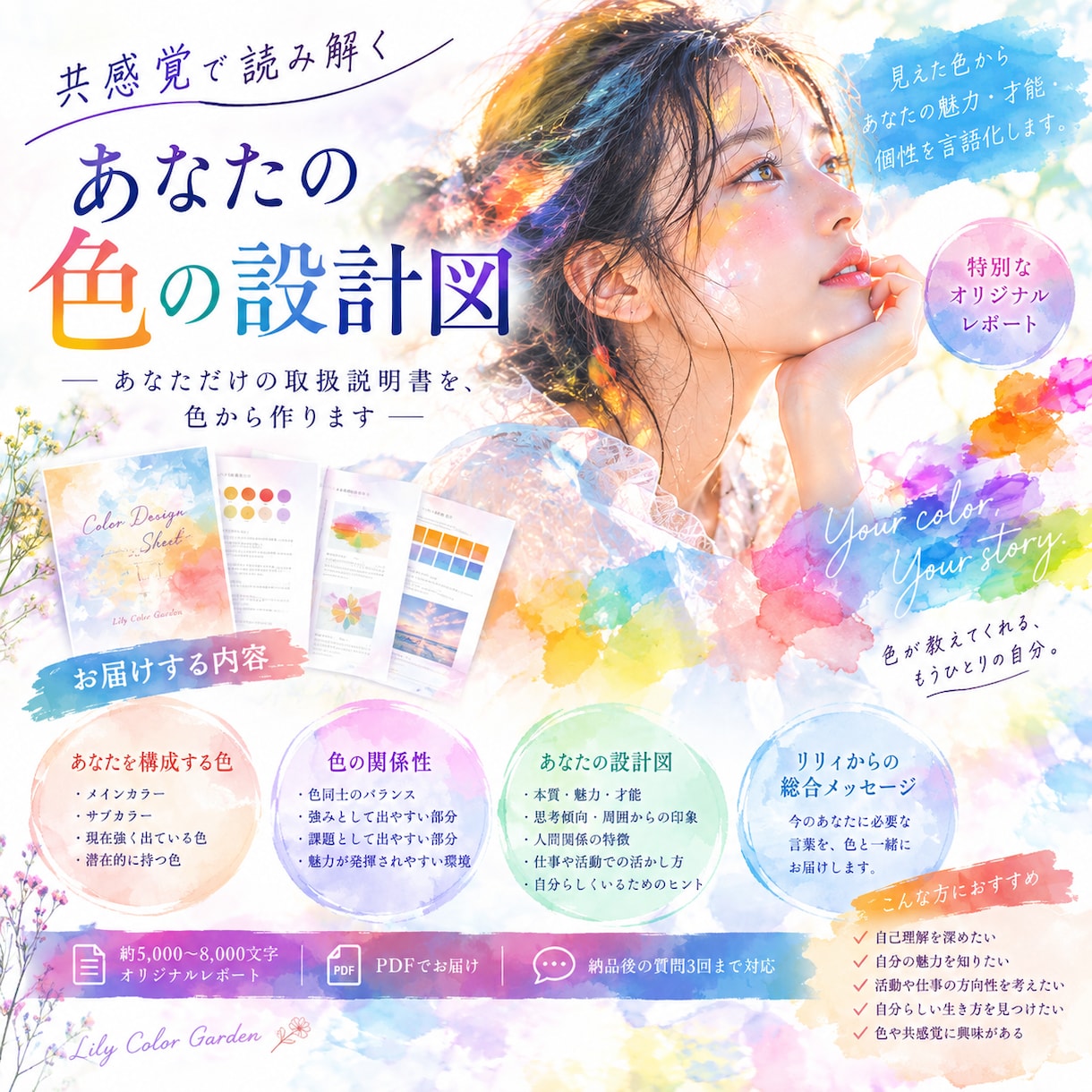 共感覚で読み解く設計図を作成します あなた自身も気づいていない魅力を、色から言語化します。 イメージ1
