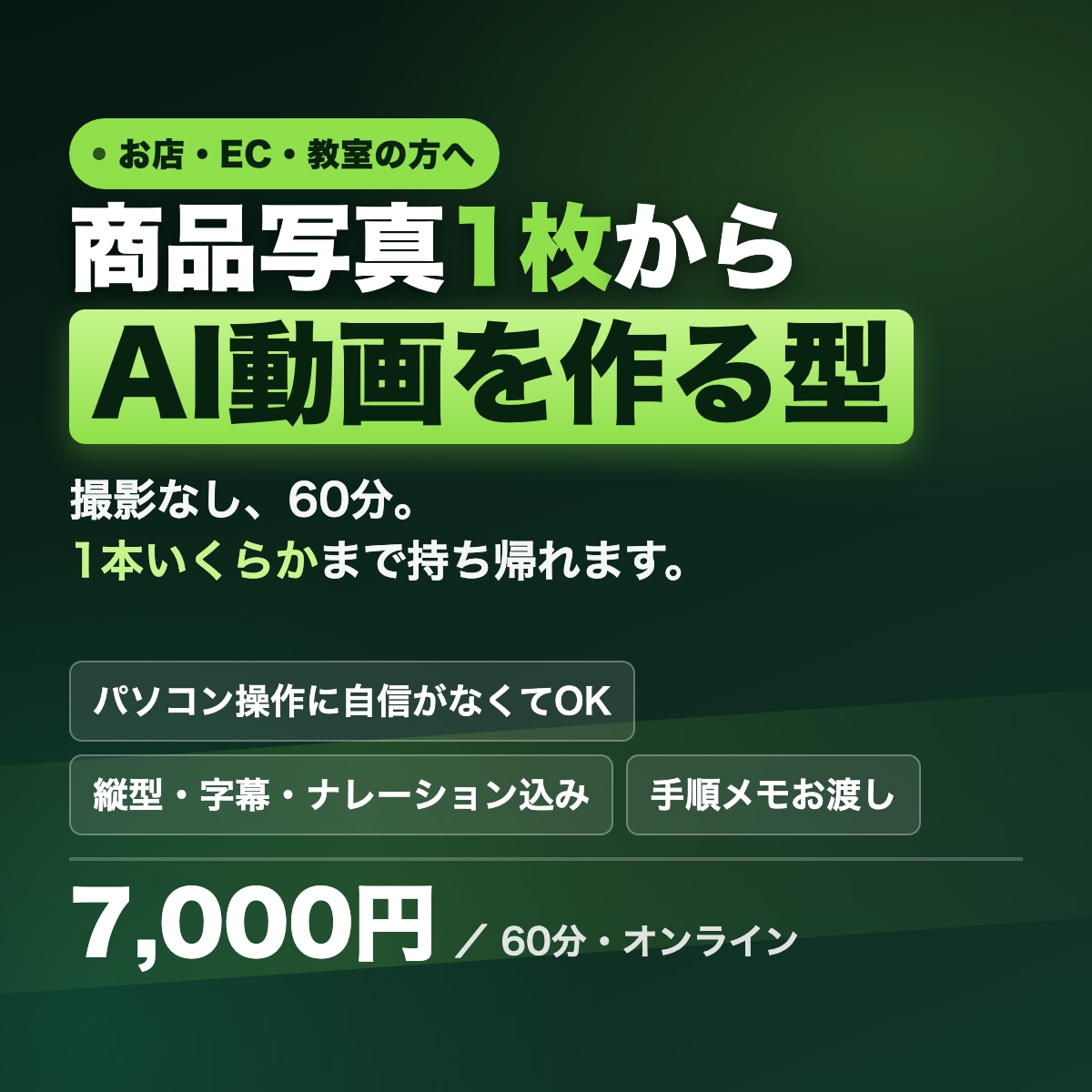 商品写真1枚からAI動画を作る型を教えます 撮影なし・60分。1本あたりの原価まで持ち帰れます イメージ1