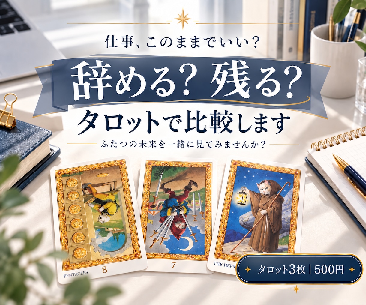 辞める？残る？タロットで2つの未来を見比べます 辞めるか、残るか。2つの未来をカードで見比べてみませんか イメージ1