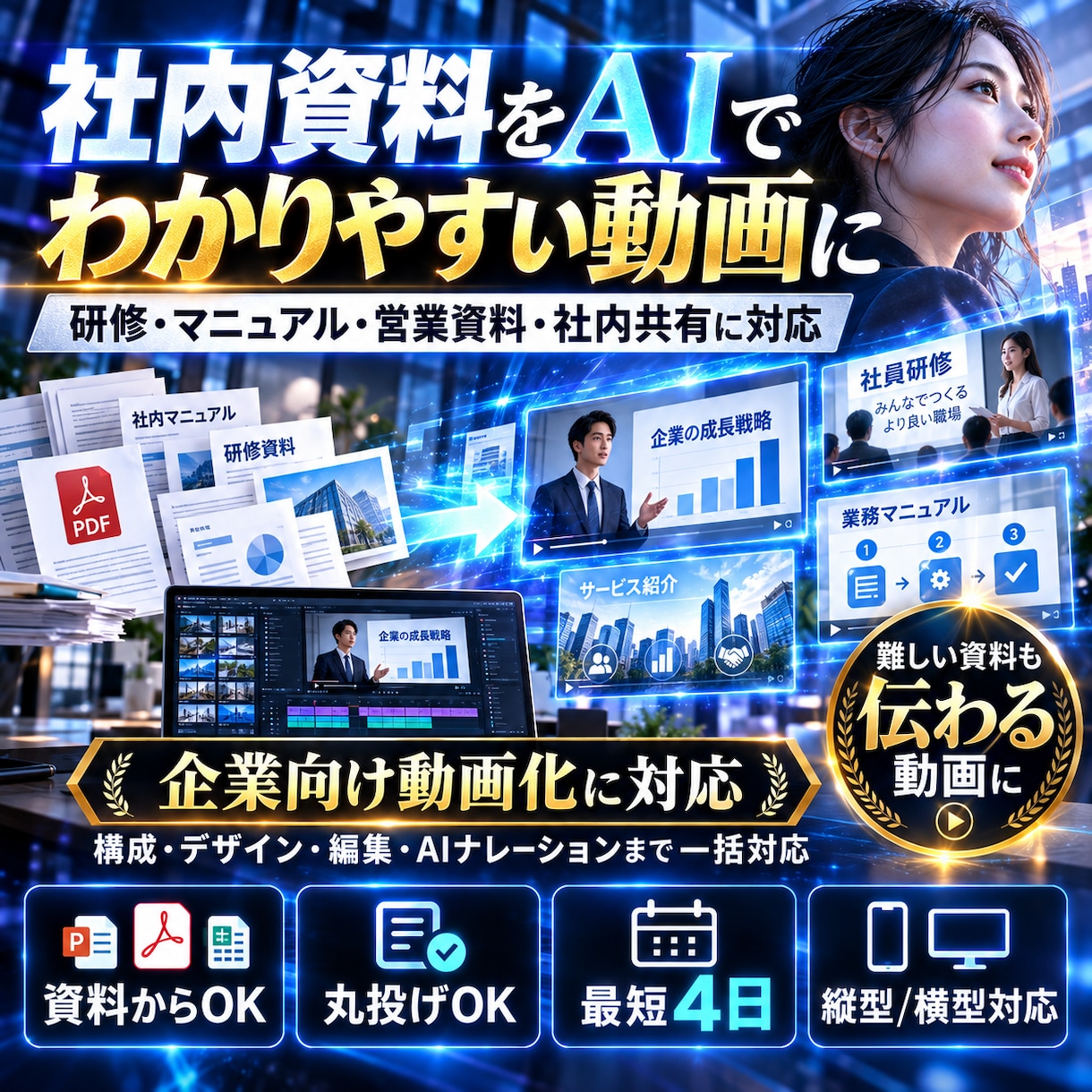 企業のPR動画・社内資料をAIで動画制作します 撮影なしで企業PR動画・社内資料動画をAIで手軽に制作 イメージ1