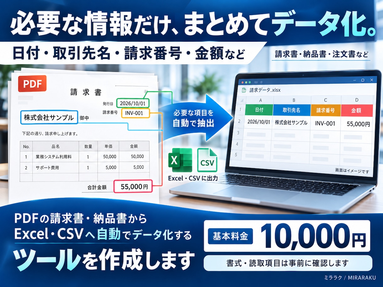請求書・納品書のPDFからExcelを自動化します 面倒な転記は自動化。空いた時間を、もっと価値ある仕事へ イメージ2