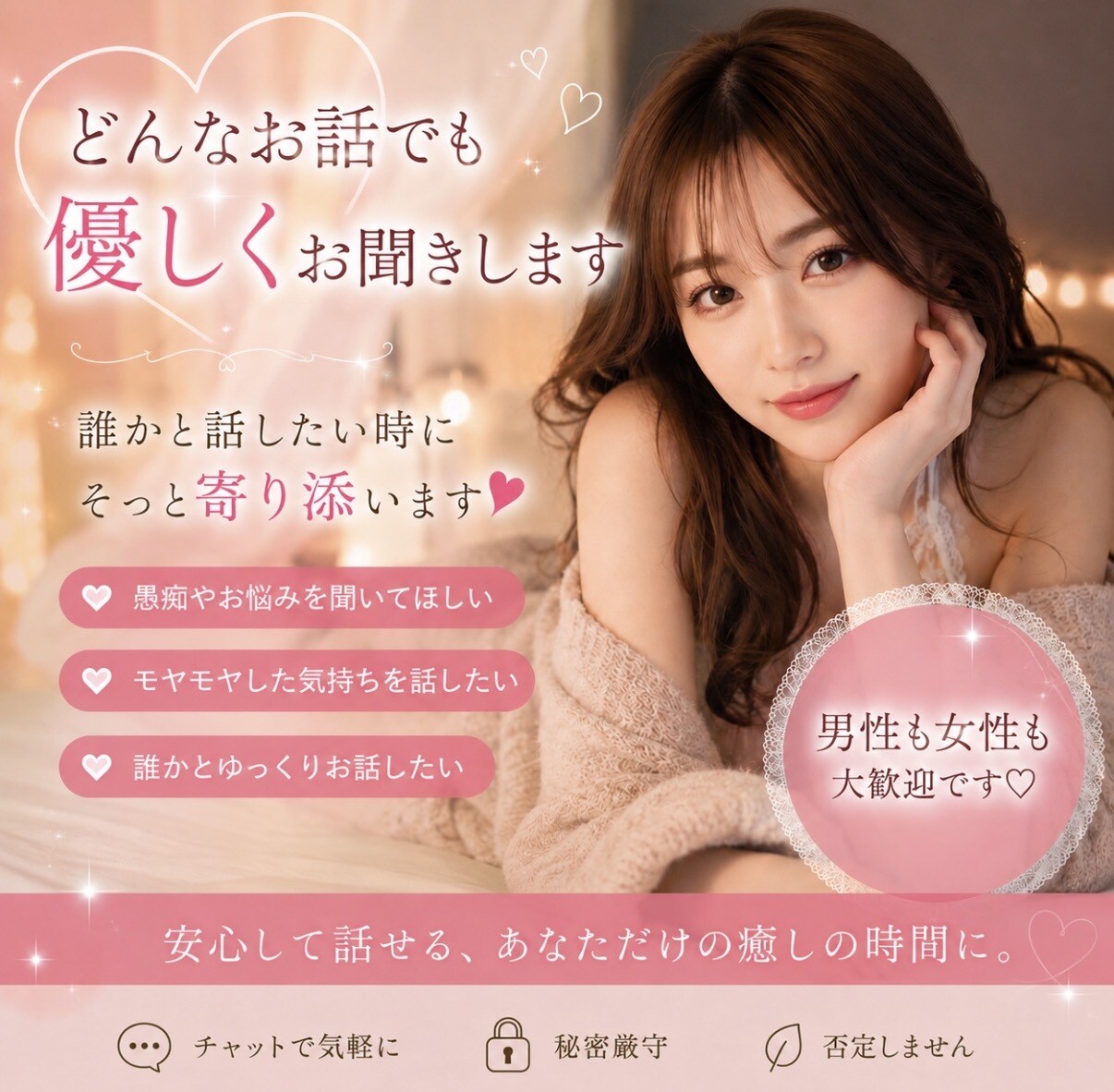 どんなお話でも優しくお聞きします 誰にも言えない悩みや愚痴もお聞きします☘️ イメージ1