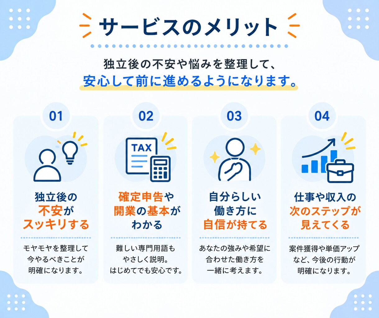 フリーランス/個人事業主のお悩みを解決します 収入・確定申告・開業届など、独立後のポイントをお伝えします イメージ7