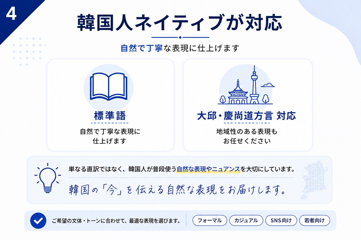 韓国人ネイティブ｜標準語・大邱方言まで翻訳します 韓国人が使う自然な韓国語へローカライズします イメージ4