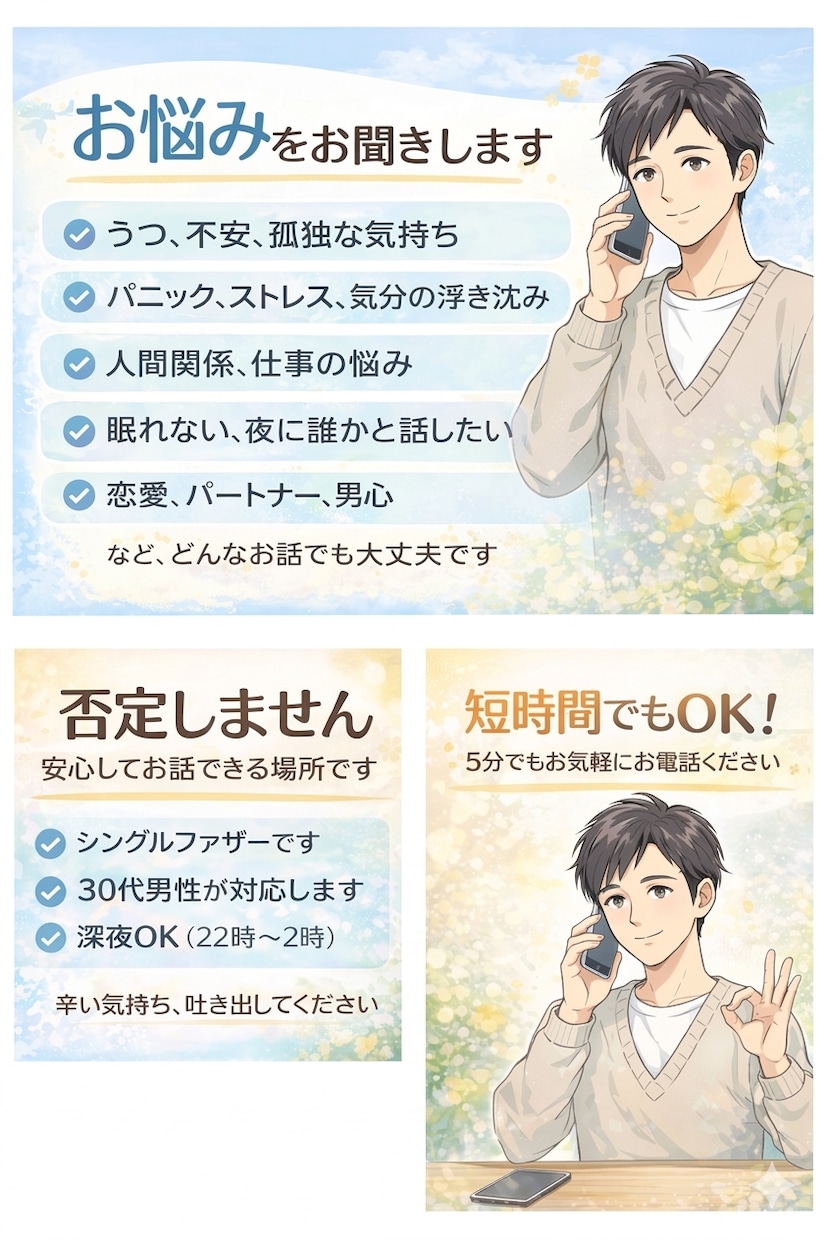 うつ・不安・孤独の悩みお聞きします 否定せず、安心して話せる場所です イメージ2
