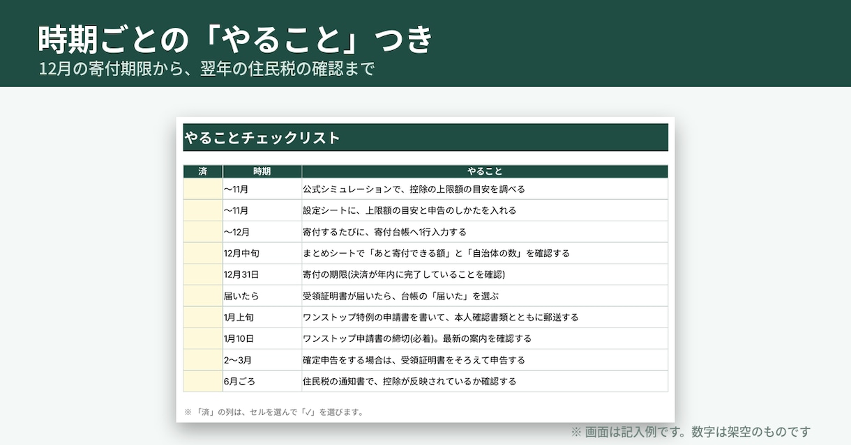 ふるさと納税の寄付管理シートをお渡しします 2026年対応|寄付と申請書の状況をひと目で。 イメージ5