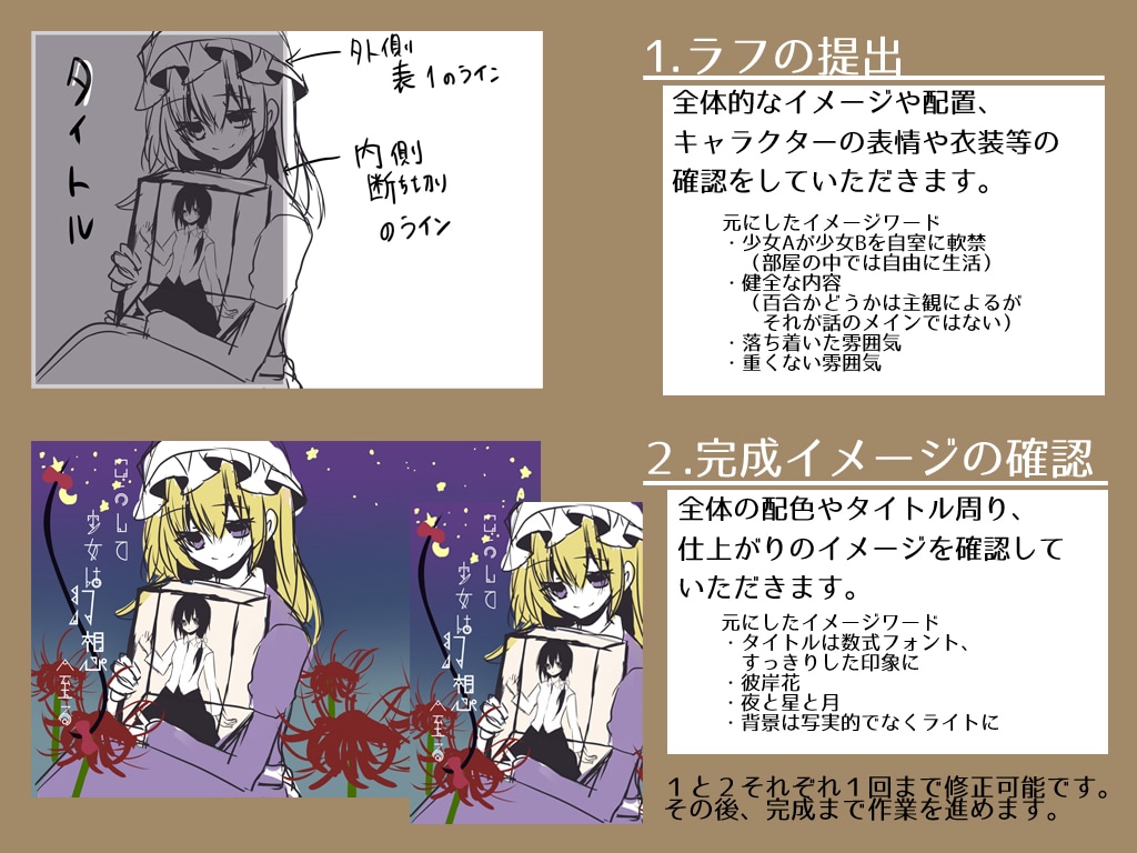 同人誌等の表紙用一枚絵イラストをお描きします 同人誌、CDジャケット等のイラスト執筆～デザインをいたします イメージ2