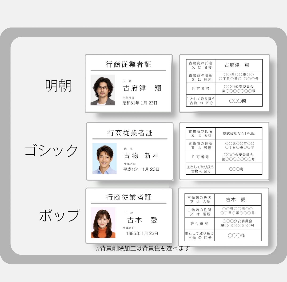 古物商「行商従業者証」プラスチックカード作成します 顔写真の背景削除、送料も含めた価格です イメージ1