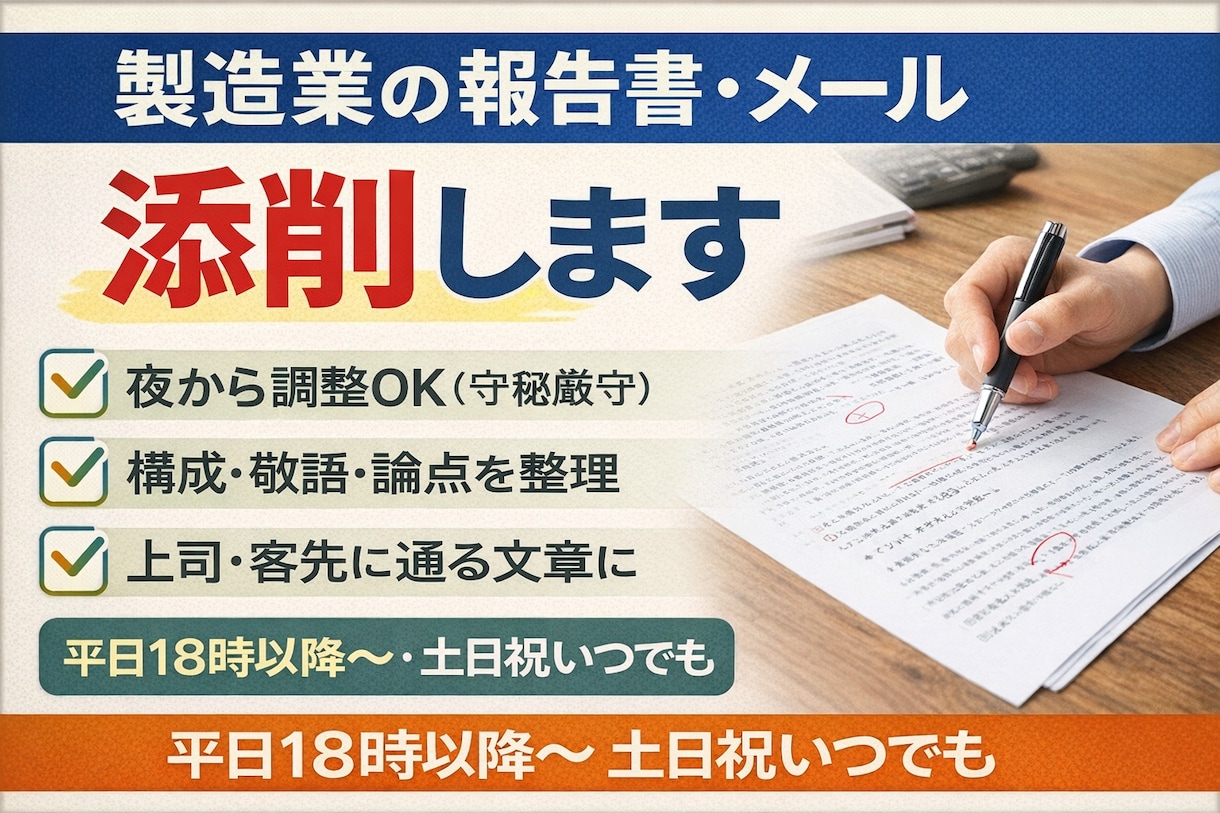 製造業の報告書・メール添削します 上司・客先に“通る文章”へ。言い回し／構成／トーンを整えて イメージ1