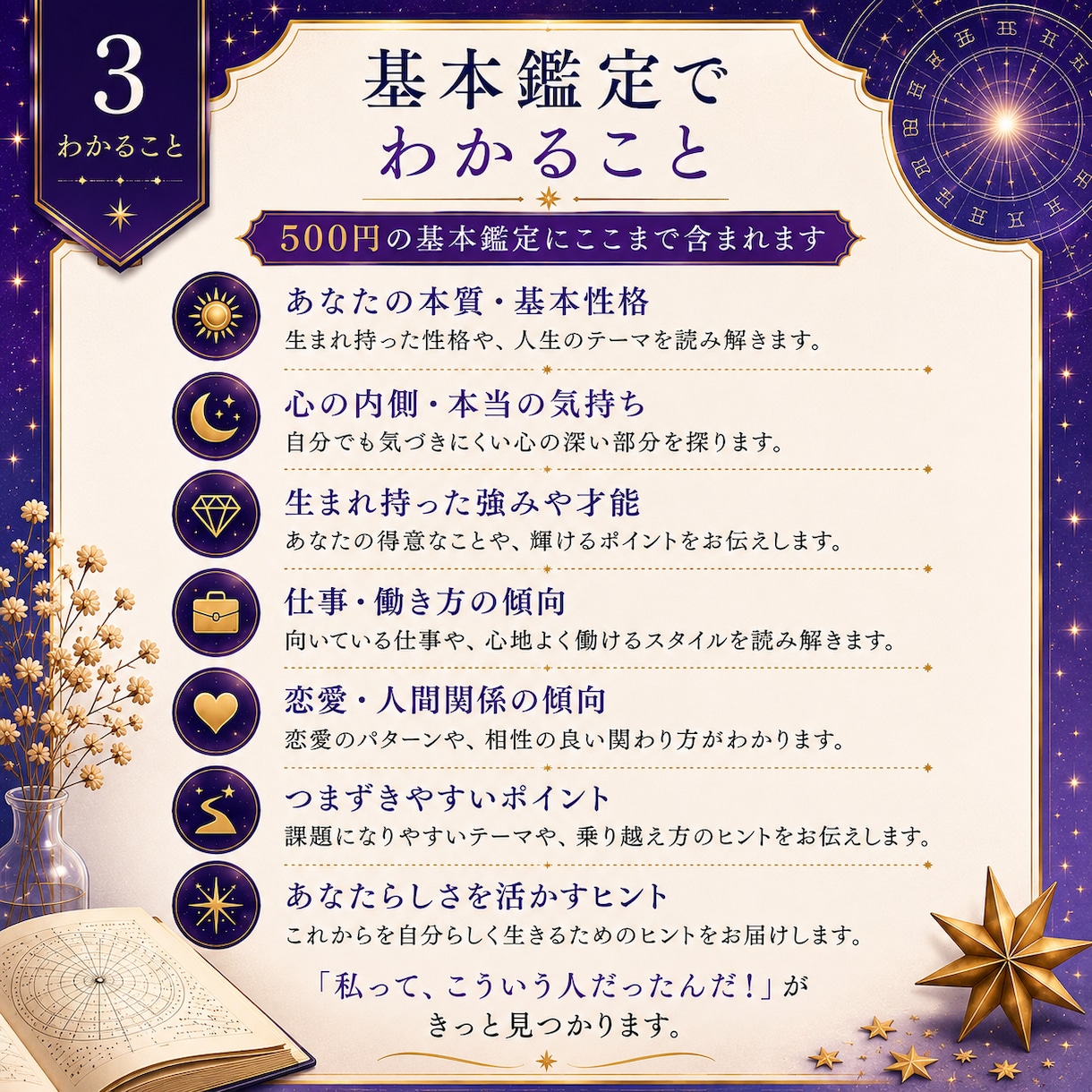 星から「あなただけの取扱説明書」を作ります 本質・才能・恋愛・仕事をホロスコープで読み解きます イメージ3