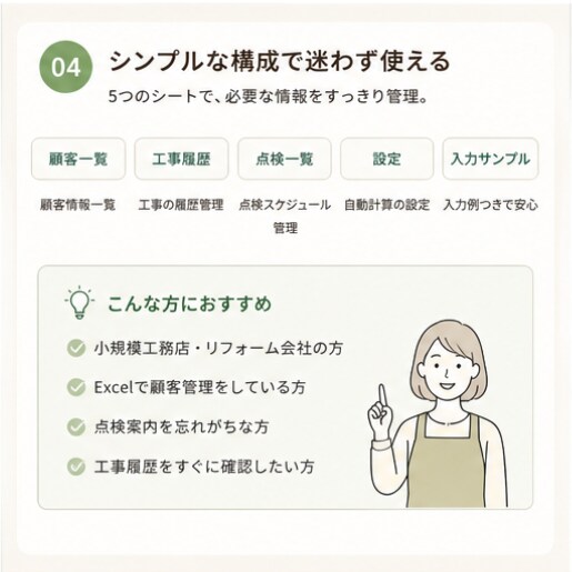 工務店向け顧客・点検管理シートを販売します 点検・工事履歴までこれ一つで管理。購入後すぐ使える完成版。 イメージ5