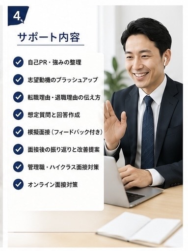 管理職経験者が面接対策を徹底サポートします 採用担当者の視点で、あなたの魅力を最大限に伝える面接対策。 イメージ4
