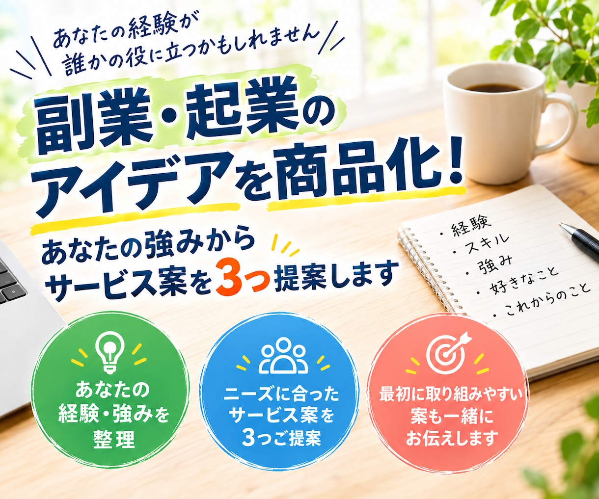 経験・強みから副業起業サービス案を3つ提案します 「自分には何ができる？」を一緒に整理します イメージ1