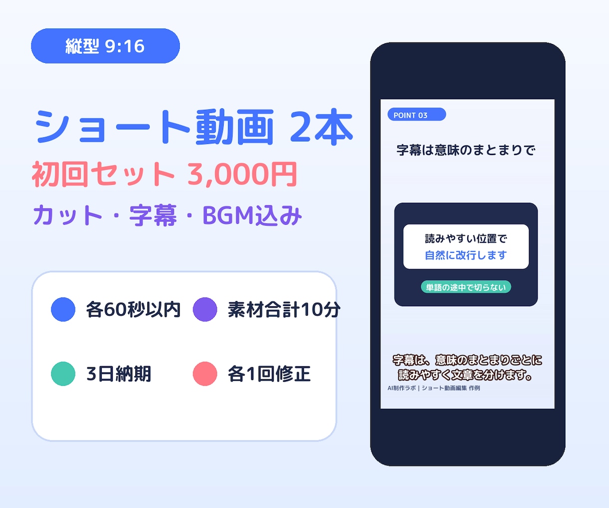 縦型ショート動画を2本字幕付きで編集します 初回2本・カット・字幕・BGM・SRTまで対応 イメージ1