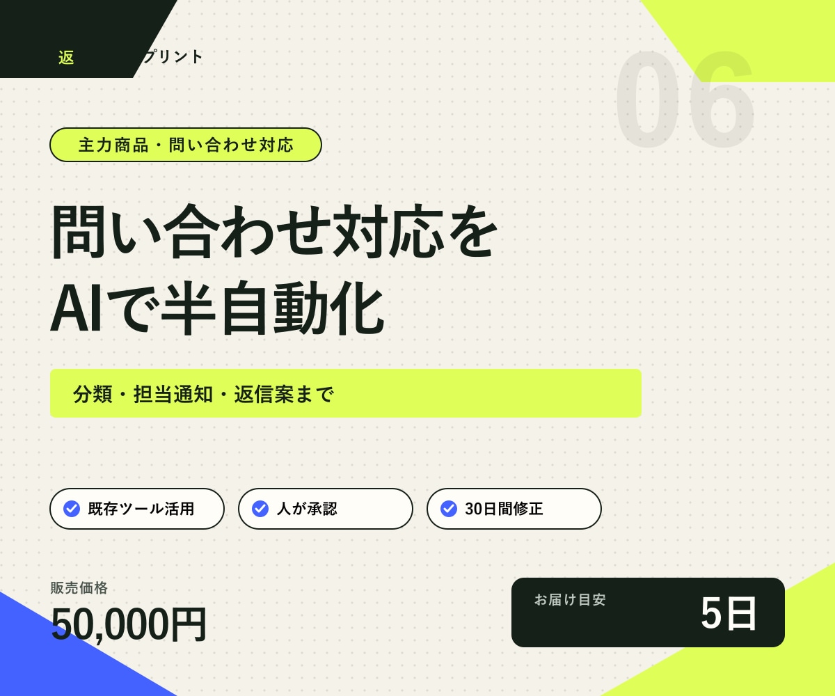 問い合わせ対応をAIで半自動化します 分類・担当通知・返信案を5営業日で構築 イメージ1