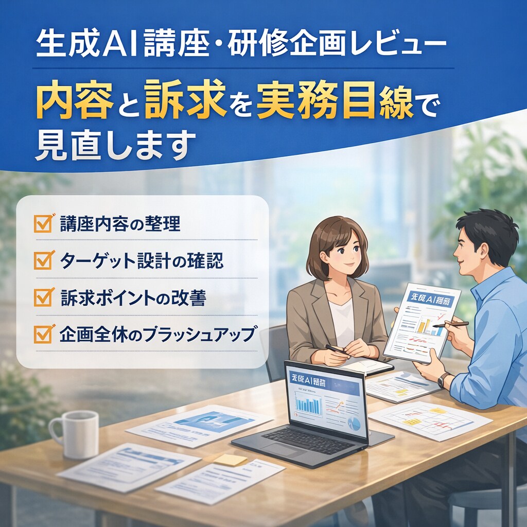 生成AI講座や研修企画の方向性を整理します 生成AI講座の企画を実務目線でレビュー イメージ1