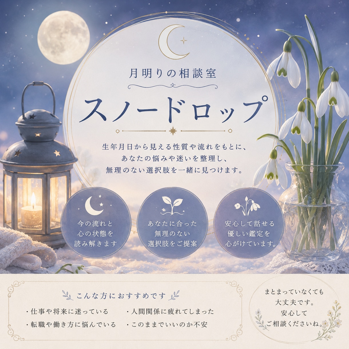 生年月日から今の流れを読み解きます 仕事・人間関係・将来の不安を、静かに整理する鑑定です。 イメージ1