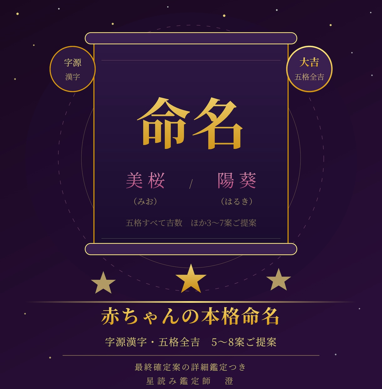 姓名判断による赤ちゃんの本格命名します 字源漢字・五格全吉・複数案をご提案 イメージ1