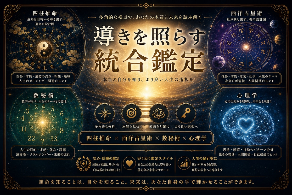 一つの占いでは見えない真実へ。本質を占います 四柱推命 × 西洋占星術 × 心理分析3つの視点で読み解く。 イメージ1