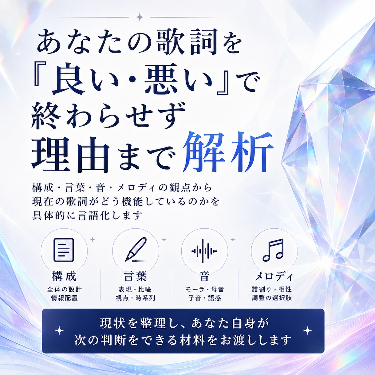 あなたの歌詞を理由まで言語化して解析します 構成・表現・音・メロディを確認し、必要なら変更案も提示 イメージ1