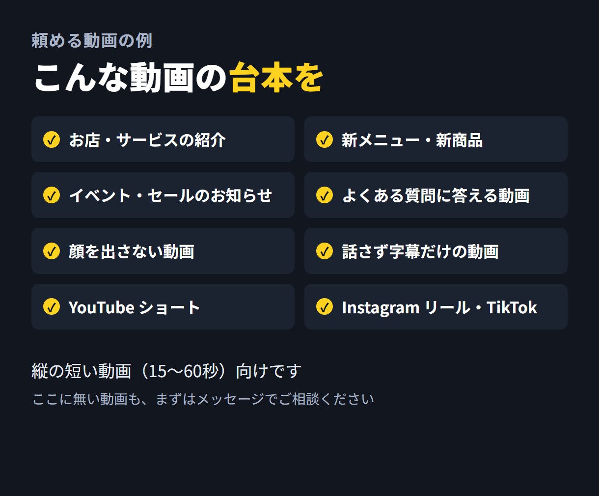 お店のショート動画の台本を秒ごとの表で書きます 冒頭3秒の一言から、映像の指示と字幕まで書きます イメージ5