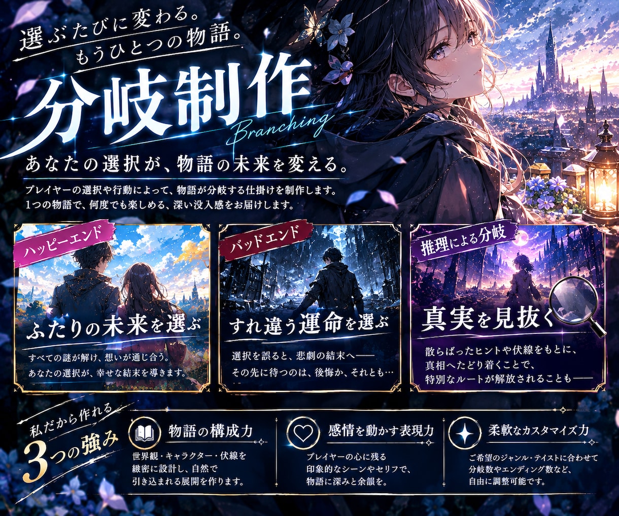 惹き込まれる世界観を形に。心に残るシナリオ作ります メインストーリー・分岐・キャラ設定・あらすじまで制作可能 イメージ3