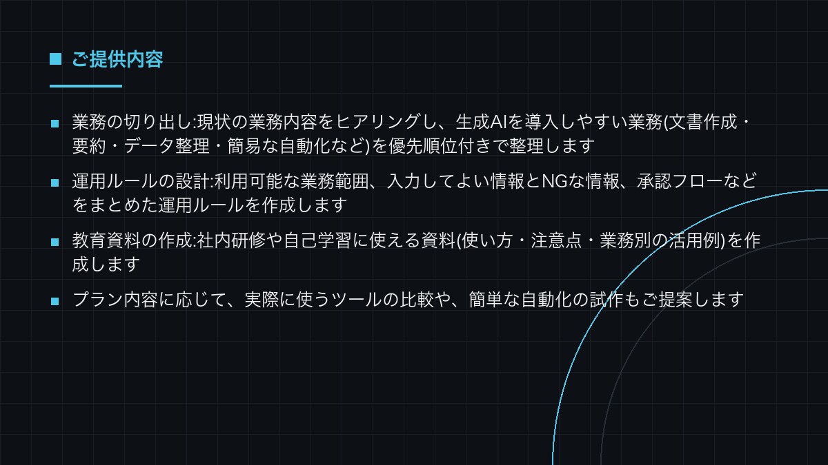 生成AI導入の業務選定と運用設計を支援します 何から自動化するかを決め、運用ルールと教育資料まで用意します イメージ3