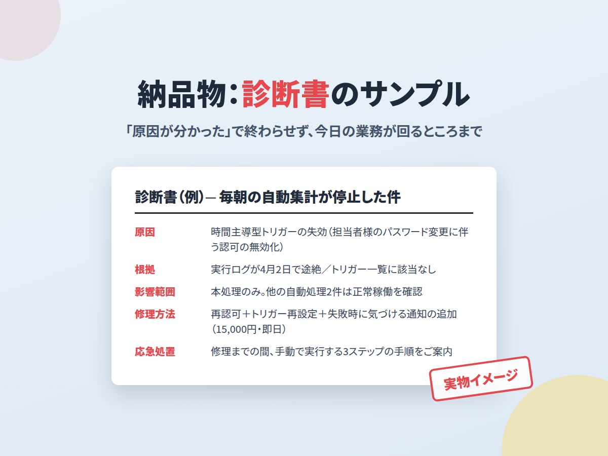 作った人が辞めたGAS・マクロを解読して直します 解読して修理｜日本語の引き継ぎ資料つき イメージ3