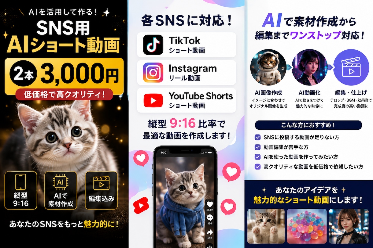 SNS用AIショート動画を2本作ります TikTok・Instagram・YouTube動画作ります イメージ1