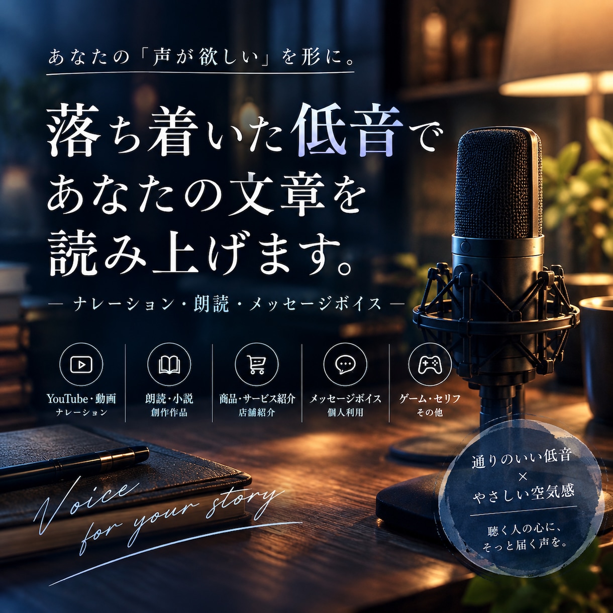落ち着いた低音であなたの文章を読み上げます 優しい低音で、あなたの言葉を声にします イメージ1