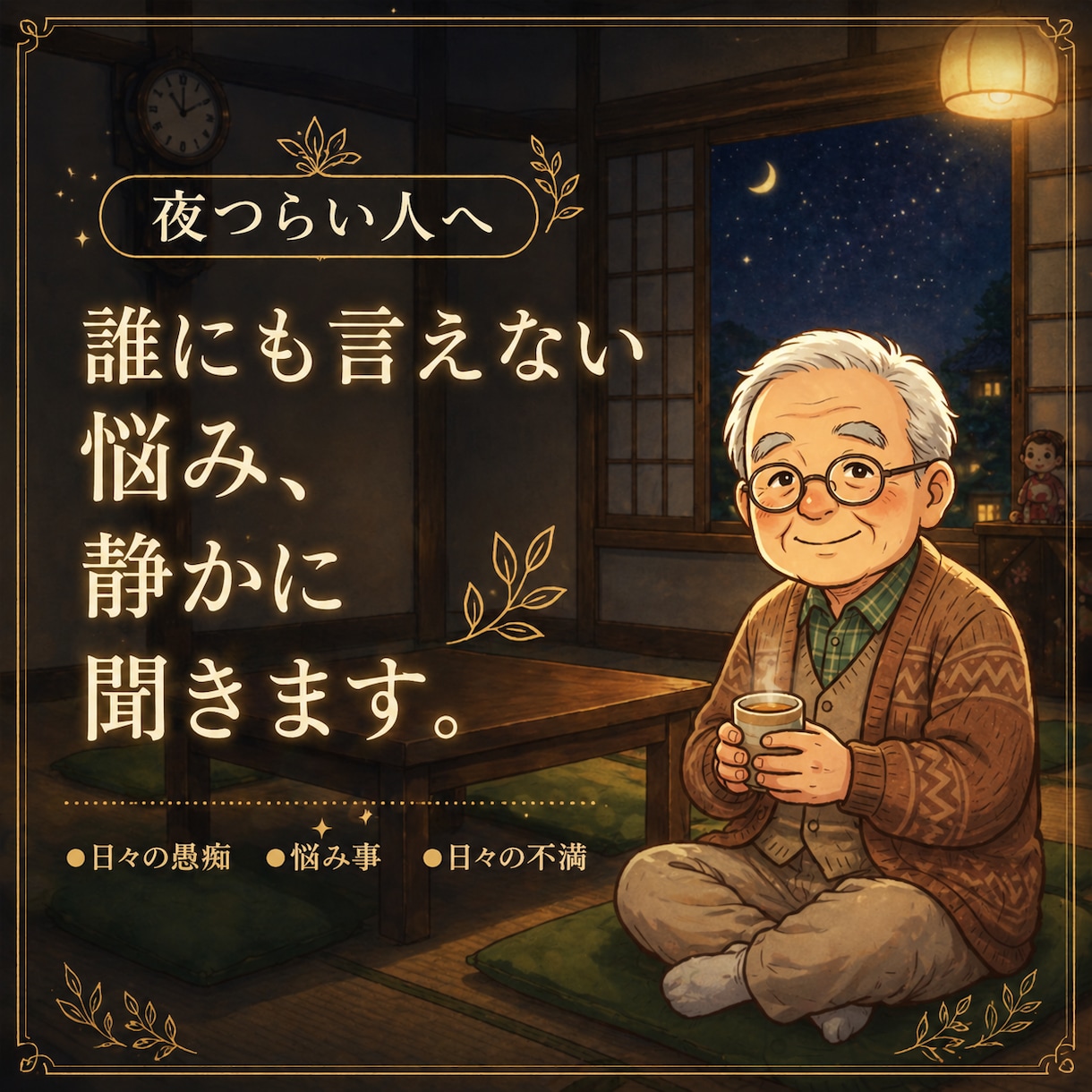 夜つらい人へ、誰にも言えない悩み、静かに聞きます 気を使わず話せる相手、ここにちゃんといます安心して大丈夫です イメージ1