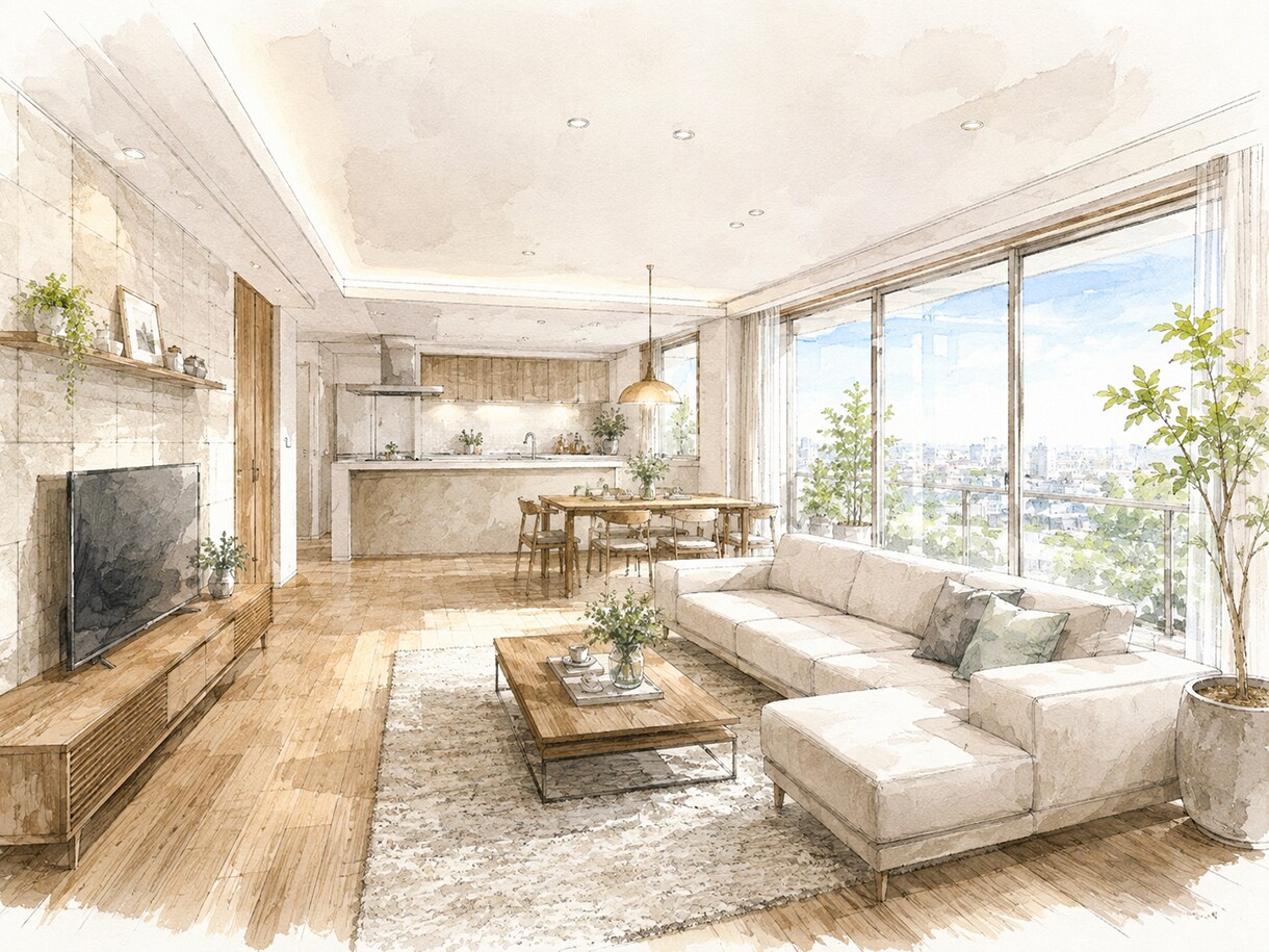手描き建築内観パース（手書き）制作します 住宅・店舗のインテリアパースをあたたかく魅せる手描き表現 イメージ10