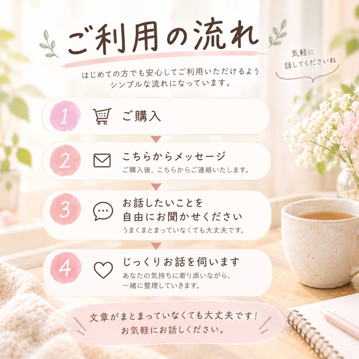 誰かに話を聞いてほしい方へ。じっくりお話を聞きます 愚痴・悩み・モヤモヤ、何でもそのままお話しください☺️ イメージ3
