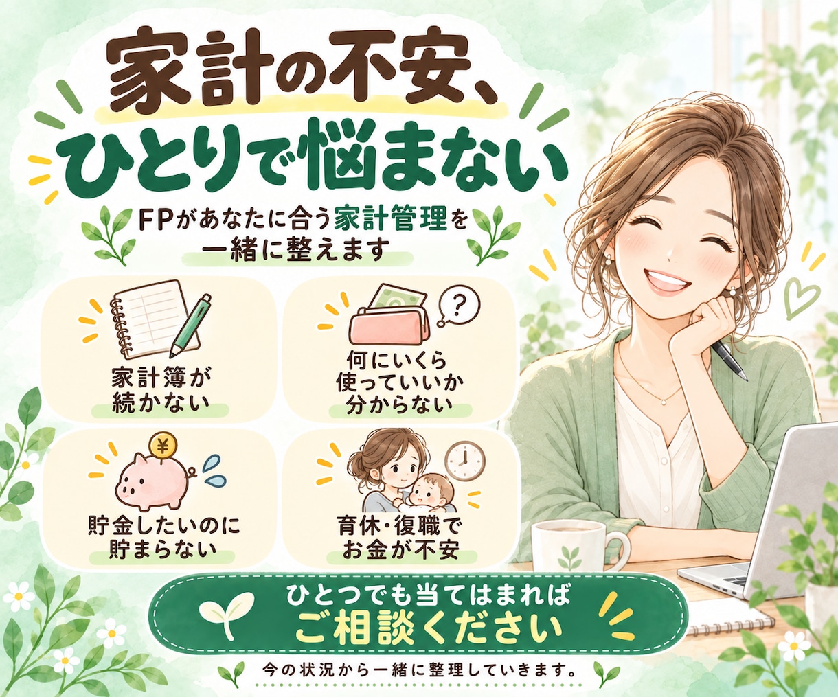お金の不安を丸っと解決！貯める体質へ改善します 家計簿なし！節約なし！独立系FPが１カ月間完全サポート！ イメージ1