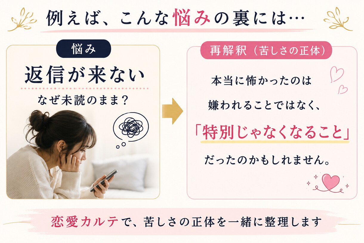 彼の気持ちではなく、あなたの苦しさを言語化します あなた専用の恋愛カルテを作成します イメージ2