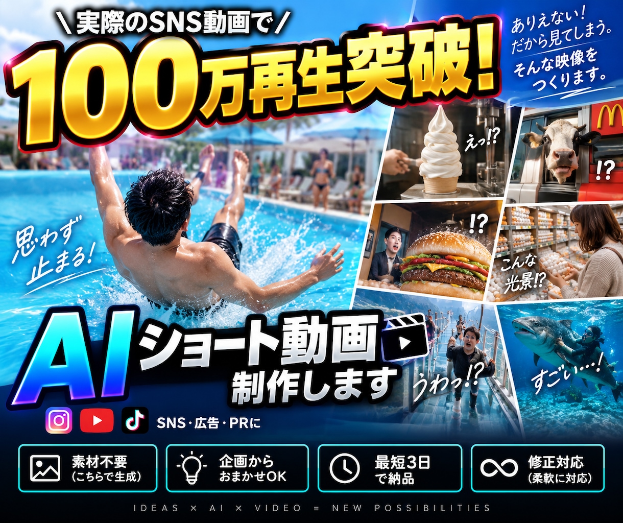 SNSで目を引くAIショート動画を制作します 100万再生超の制作実績｜素材不要・企画から対応 イメージ1