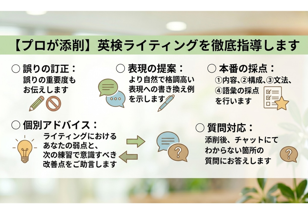 プロが添削！英検ライティングを徹底指導します ☆実績作り限定価格（先着10名）　☆実際の採点基準で点数化！ イメージ2