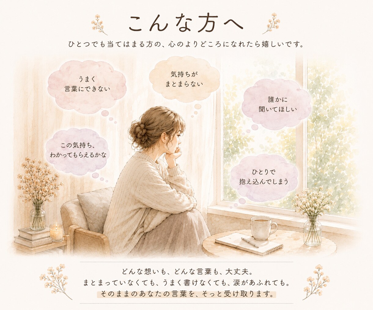 まとまらない想いを丁寧に受け止めお返事します チャット相談｜長文OK！1人で抱えた気持ちをぶつけてください イメージ3