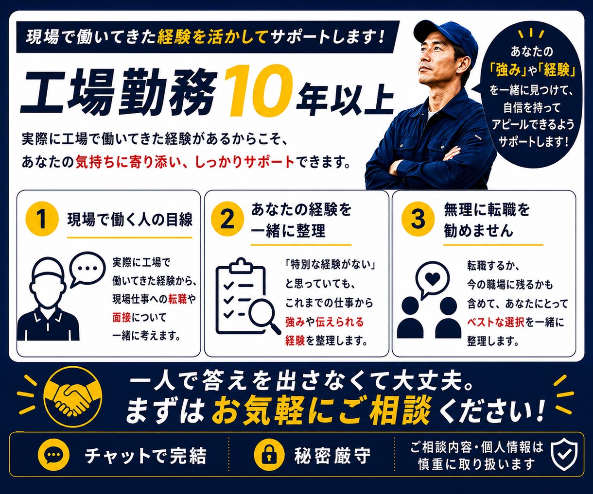 転職・面接の悩みをまるごとサポートします 工場勤務10年以上｜志望動機・自己PR・面接回答例まで対応 イメージ6