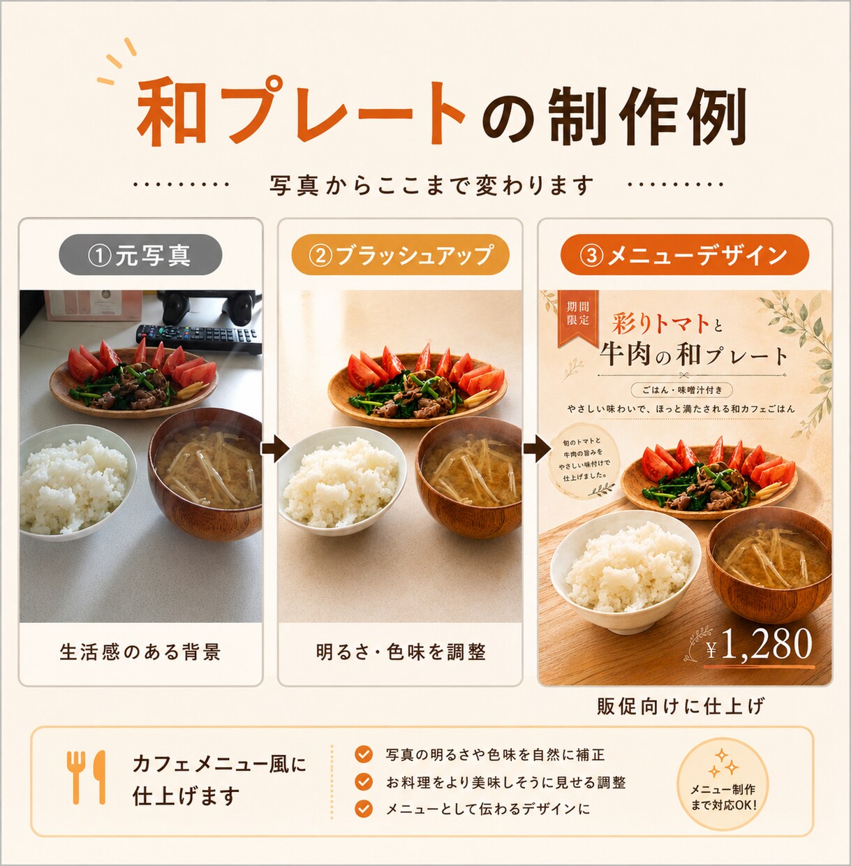 料理写真をカフェメニュー風に仕上げます 料理写真以外もＯＫ！写真補正から販促デザインまで対応します イメージ3