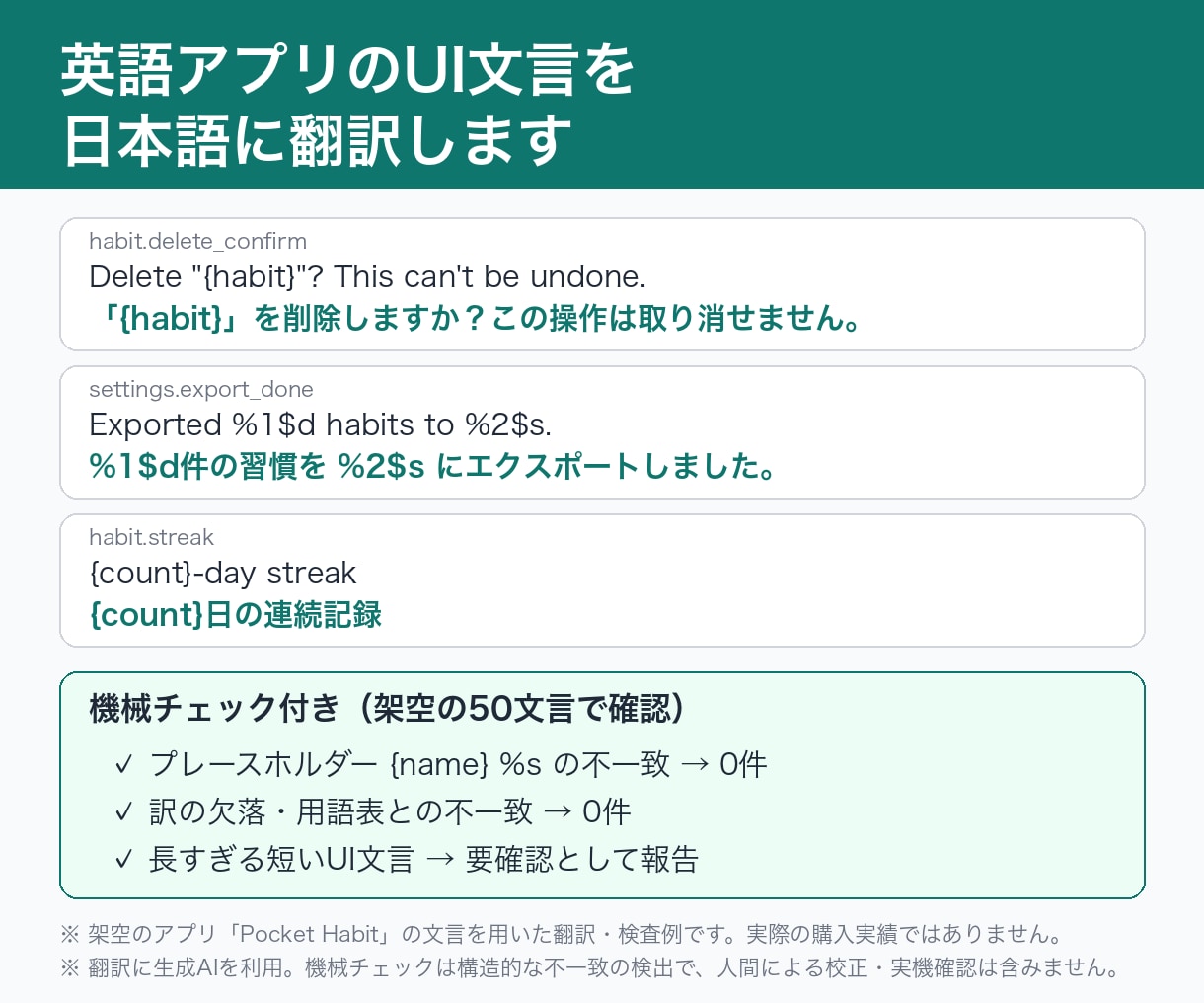 英語アプリのUI文言を日本語に翻訳します プレースホルダー照合・用語表つき イメージ1