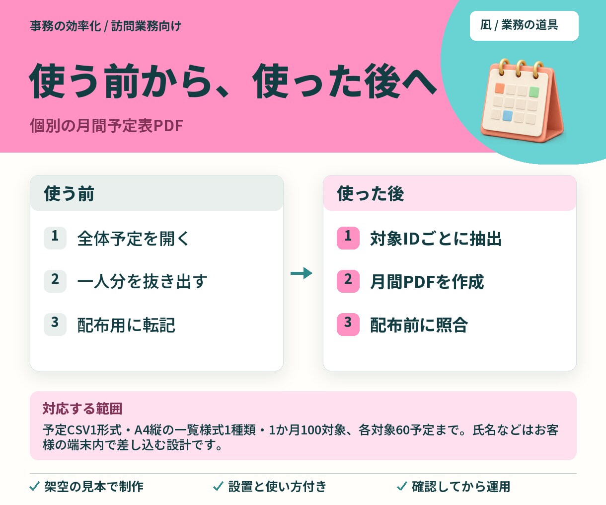 全体予定から個別の月間予定表を作成します 配布先ごとの日程を、一覧からPDFへ イメージ2