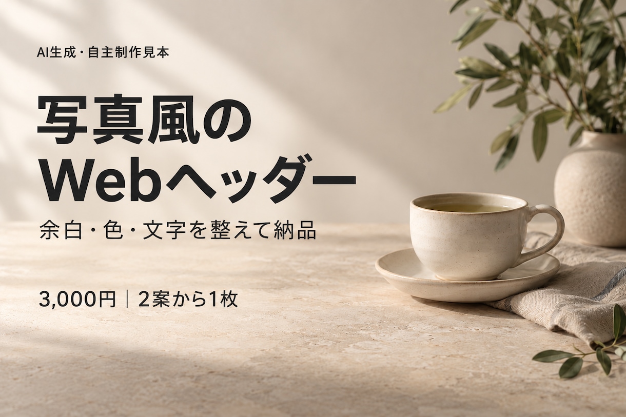 AI写真風のWebヘッダーを作ります 人物なしの静物・背景に、余白と短い文字を整えます イメージ1