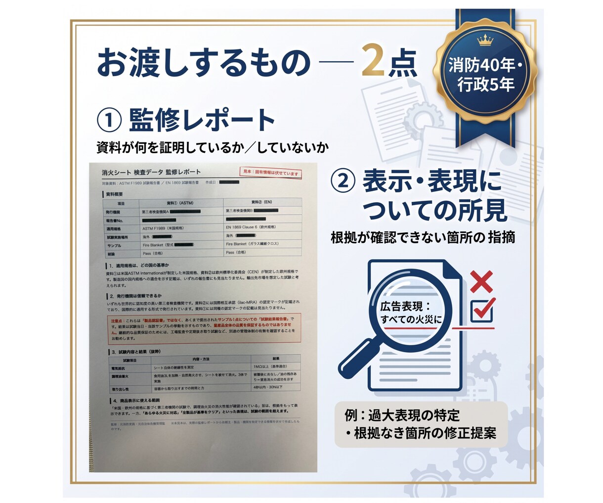 防災用品の試験報告書と商品表示を監修します 	良いことしか書かない監修は、監修ではありません。 イメージ4