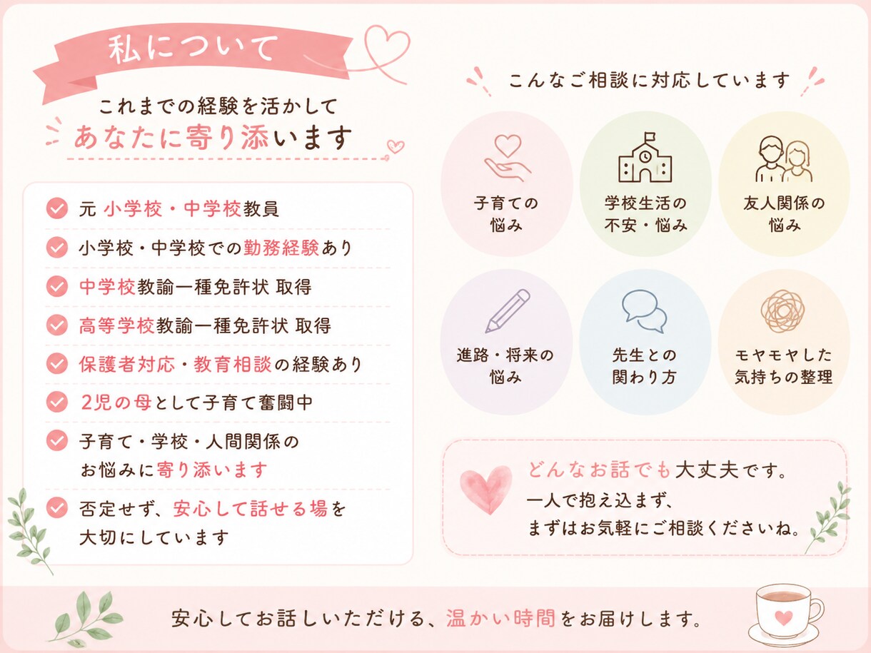 元小学校・中学校教員が寄り添います 頑張る保護者の気持ちに寄り添う相談室です イメージ3