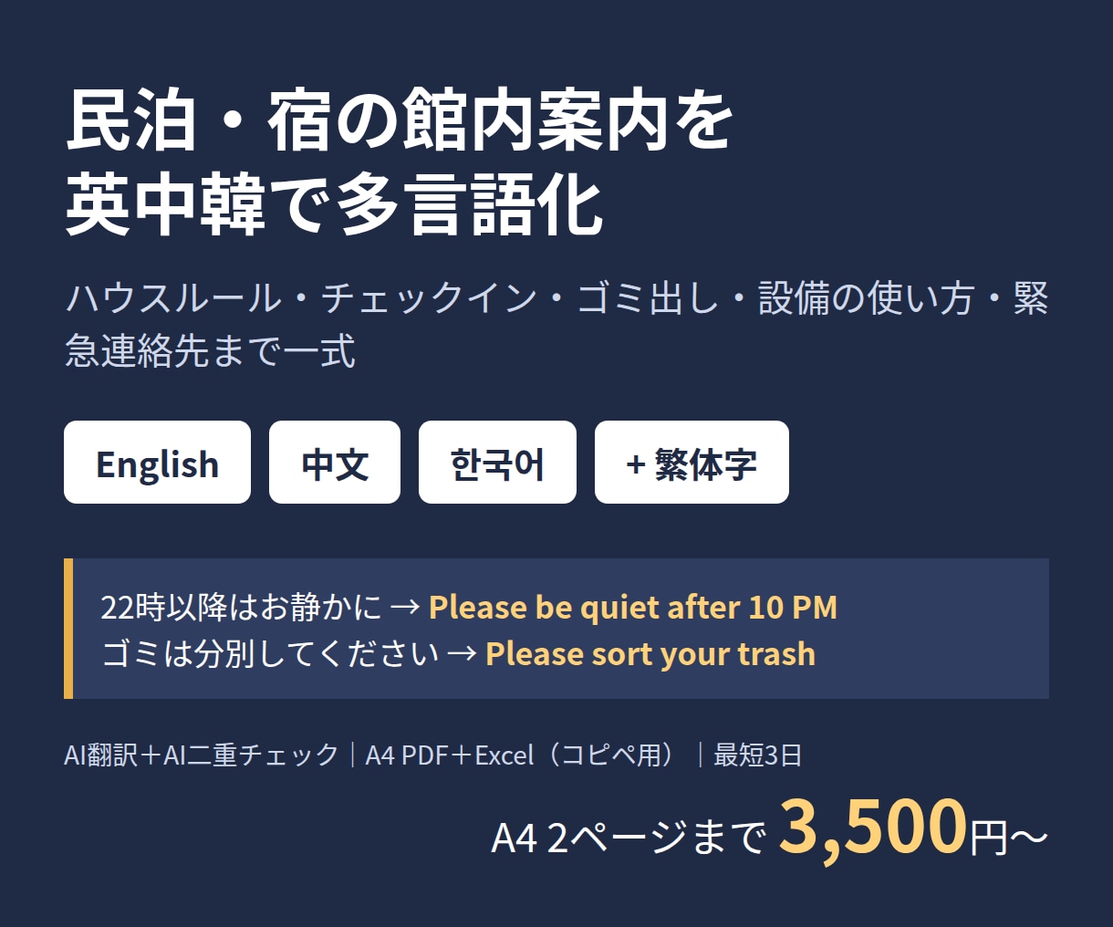民泊・宿の館内案内を英中韓で多言語化します ハウスルール・チェックイン案内・ゴミ出しまで一式対応 イメージ1