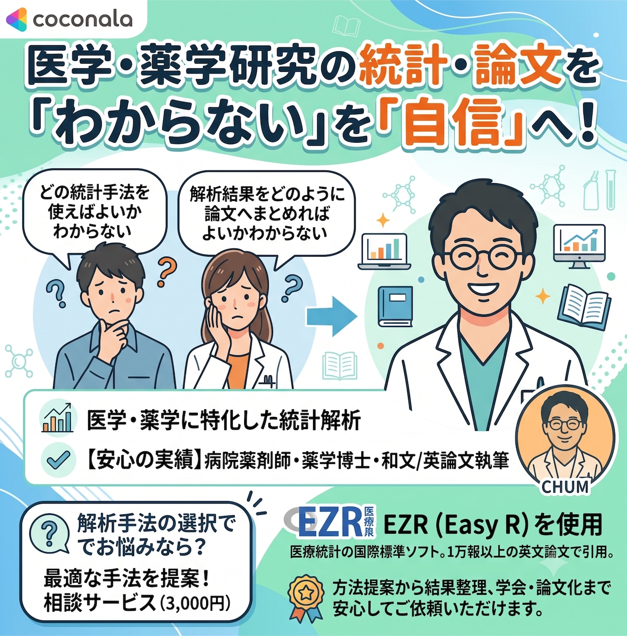医療・薬学研究の統計解析をサポートします 薬学博士。受賞歴複数、英字論文執筆、査読対応の経験あり イメージ1