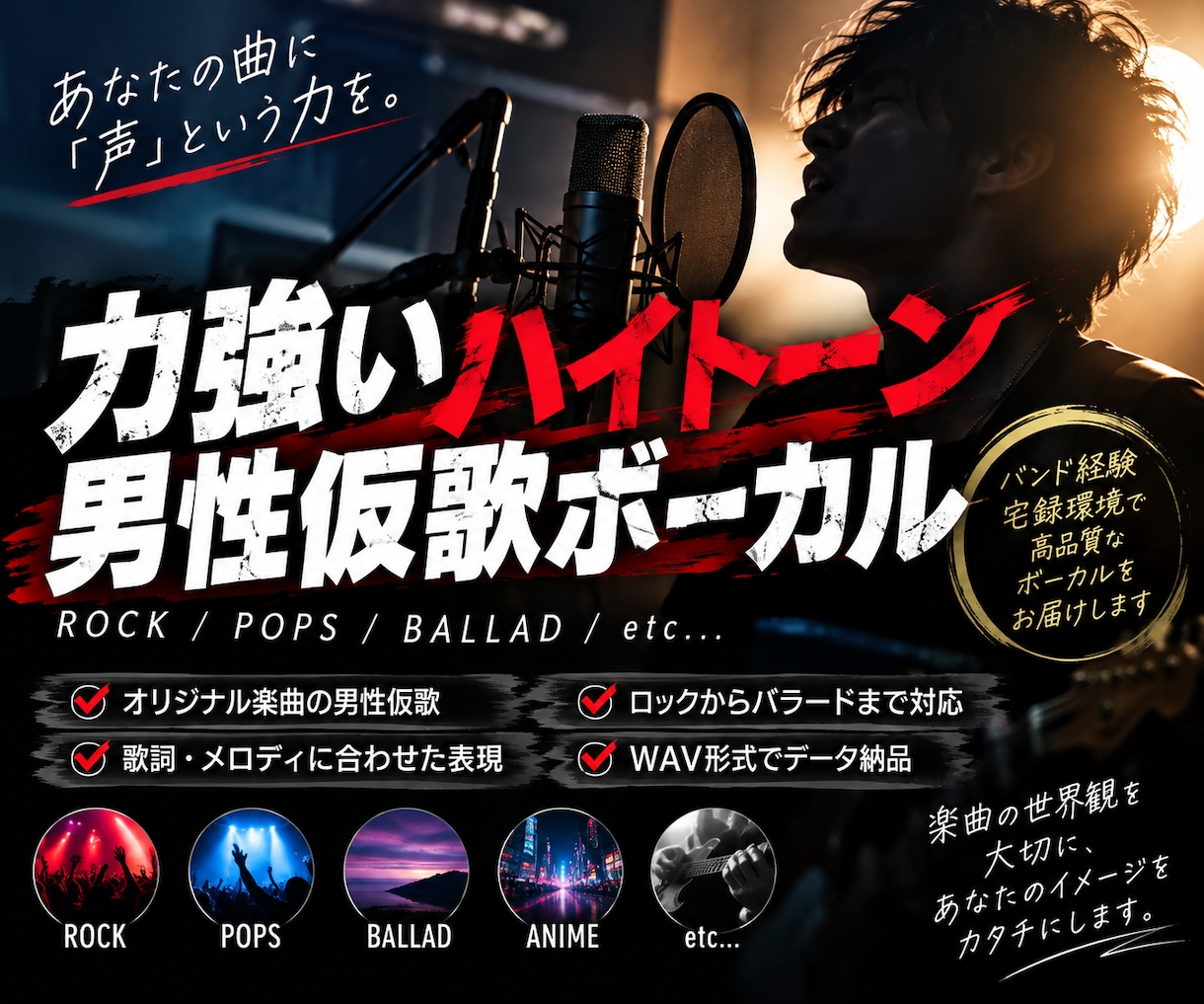 力強いハイトーンで男性仮歌を歌います ロックからバラードまで！力強い高音と感情豊かな歌声で表現！ イメージ1