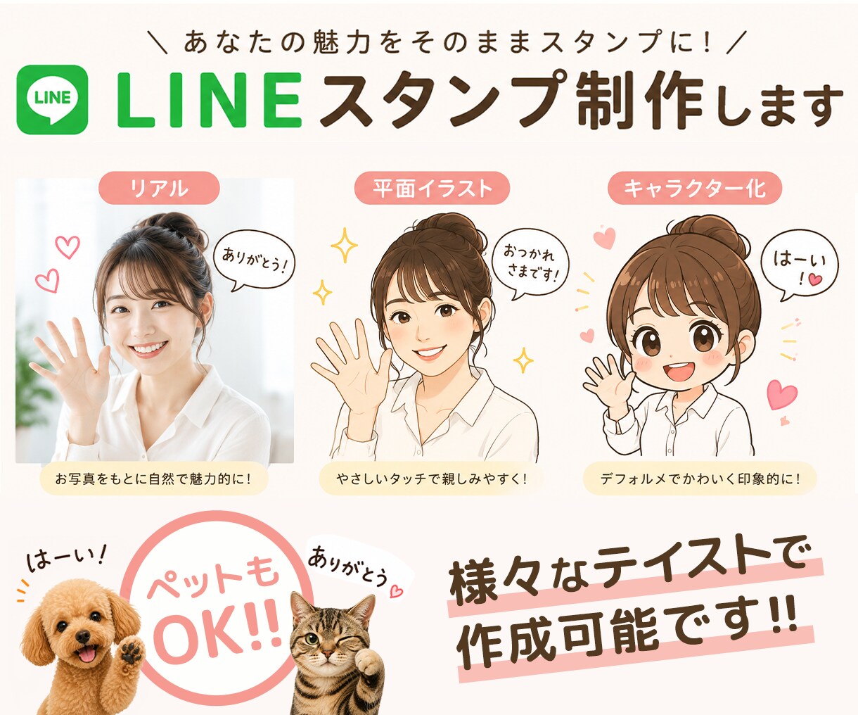 ペットもOK!!LINEスタンプ制作します 最低写真1枚からでOK!!幅広くご対応いたします。 イメージ1