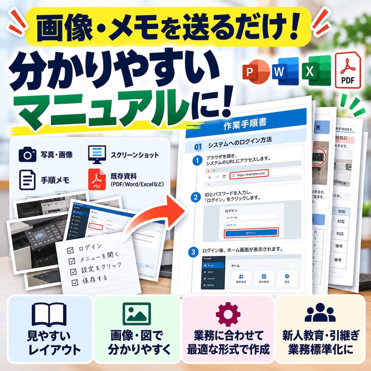 画像や資料から分かりやすい作業手順書を作成します 画像・メモを送るだけ！分かりやすいマニュアルに イメージ1